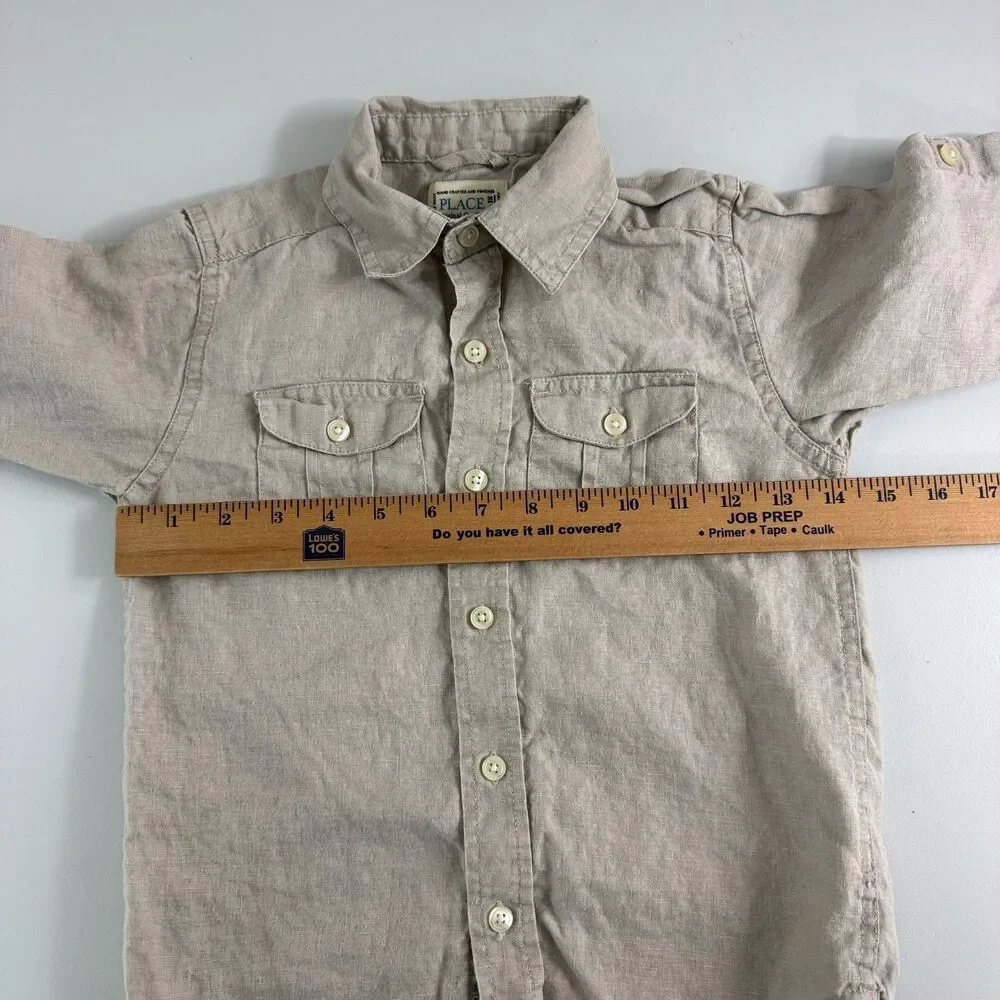 The Children's Place Boys 100% Linen Button Front Shirt Beige Tan L/S Size 4 XS